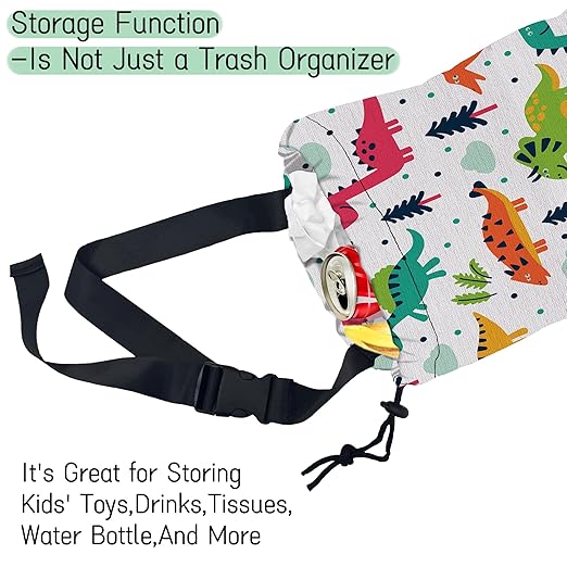 Cartoon Dinosaurs Car Trash Bag,Hanging Drawstring Car Garbage Bag,Waterproof Canvas Car Back Seat Organizer with Adjustable Buckle,for Vehicles,SUVs,Camping,Road Trips