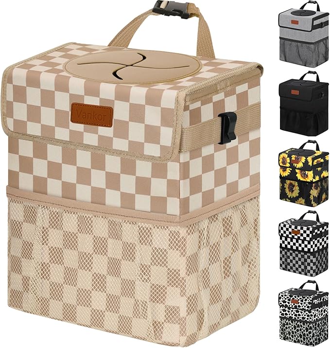 Vankor 3 Gallons Car Trash Can with Lid, Bag Bin Hanging Waterproof Automotive Car Garbage Cans Leak Proof Vehicle Trash Can for Truck SUV, Khaki Checkered