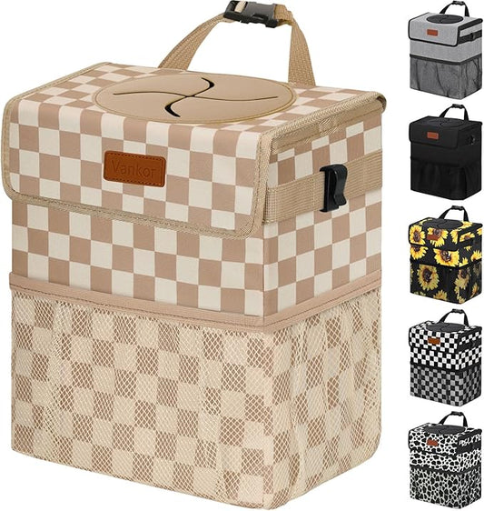 Vankor 3 Gallons Car Trash Can with Lid, Bag Bin Hanging Waterproof Automotive Car Garbage Cans Leak Proof Vehicle Trash Can for Truck SUV, Khaki Checkered