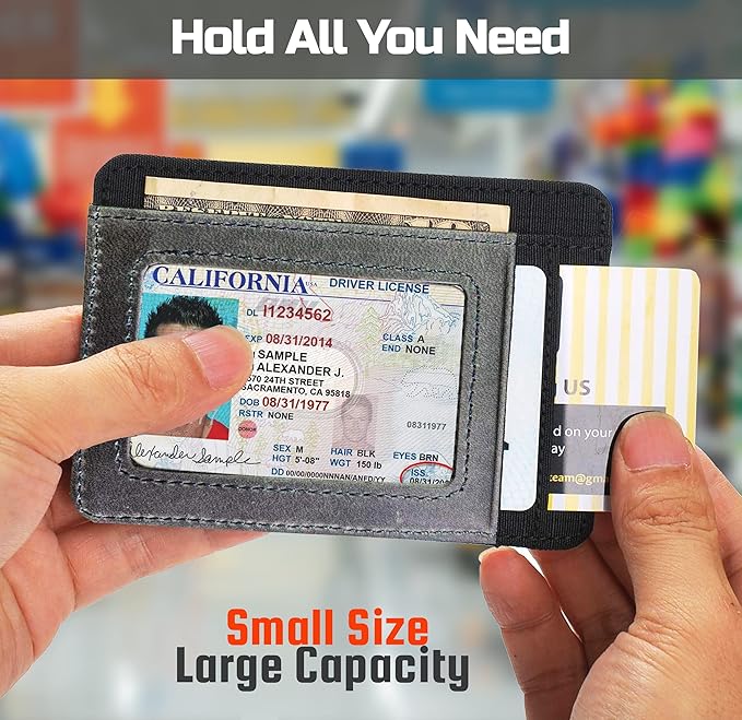 RFID Slim Wallet for Men Women, 8 Card Slot Leather Minimalist Front Pocket Credit Card Holders, Grey Canvas