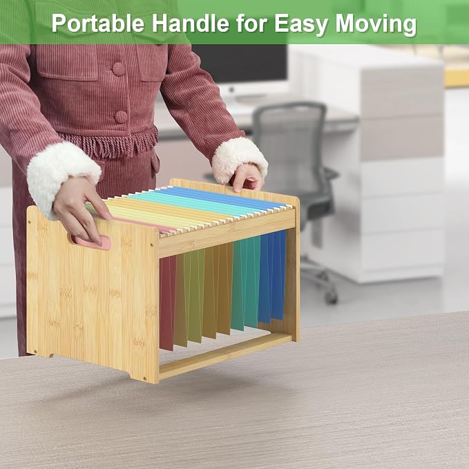 Hanging File Organizer Box for Letter Size, 2 Pack Bamboo File Folder Organizer, Storage Moving Boxes with Handle Wood Desk Filing Box for Office Banker Document