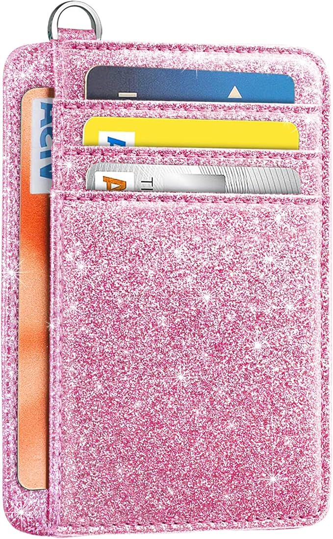 Coco Rossi Slim Front Pocket Wallet RFID ID Card Holder Cute Small Wallet with Wrist Lanyards Key Chain Holder for Women, Peach Pink Glitter