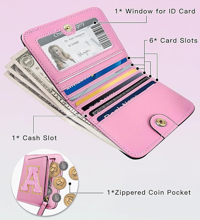 COSHAYSOO Preppy Wallet Gifts for Teen Girls Women Small Wallet RFID Bifold PU Leather Christmas Valentines Easter Mothers Fathers Day Nurse Appreciation Graduation Gifts Chenille Letter Z Pink