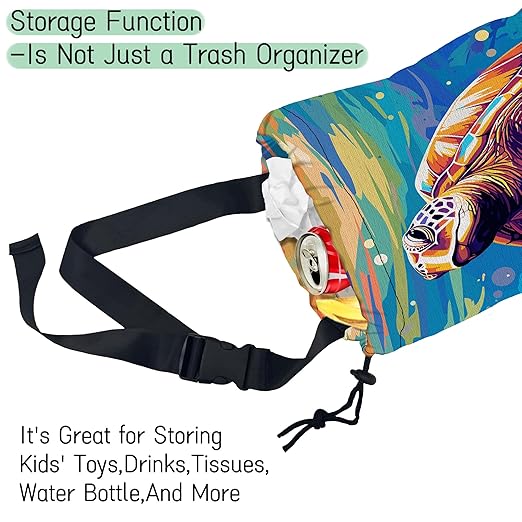 Pop Art Turtle Car Garbage Bag,Waterproof Small Car Trash Bag Hanging Back of Seat,Drawstring Hanging Car Trash Bag with Adjustable Buckle for Car Accessories