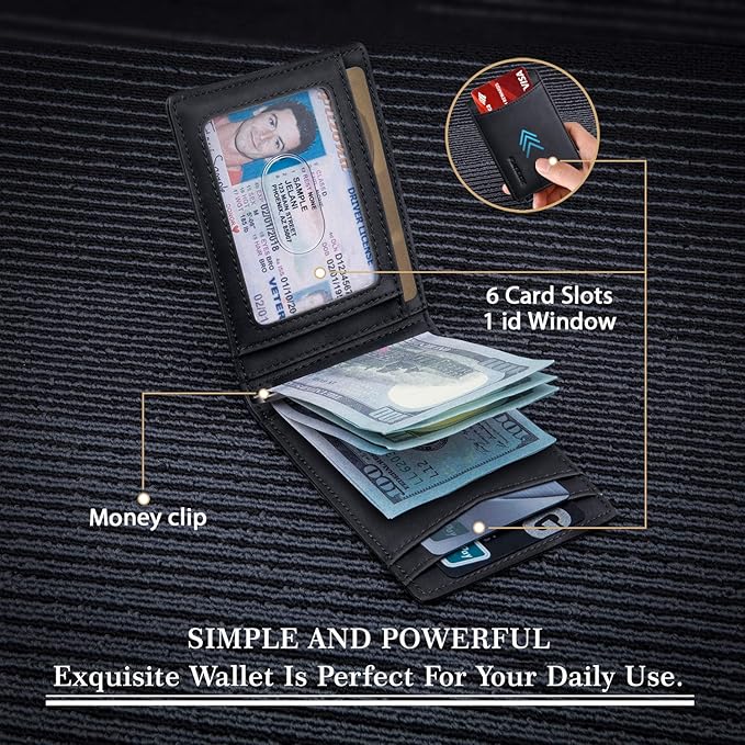 RUNBOX Slim Wallet for Men Genuine Leather RFID Blocking Bifold Minimalist Front Pocket Mens Wallet with Money Clip Thin Gift Box