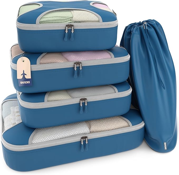 Shacke Packing Cubes for Travel 5 Set - Premium Luggage Organizer Bags - Versatile Travel Organizer for Women and Men - Optimized Packing Bags - Travel Essentials (Navy Blue)