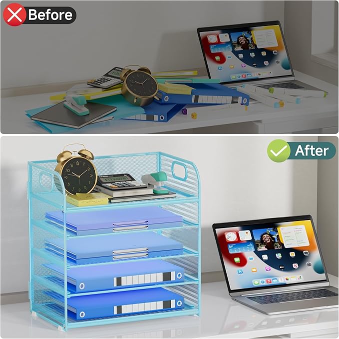 Paper Organizer Letter Tray with Handle Mesh 5-Tier Stackable Desk Organizer for Files/Paper/Office Supplies, Sturdy Carbon Steel Desk Organizer for Home Office & Classroom