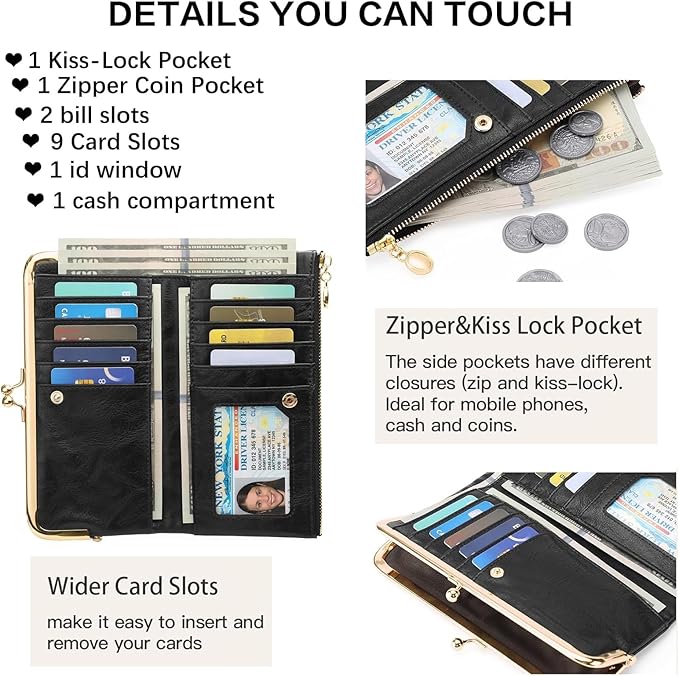 Vintage Wallets for Women Large Bifold Kiss Lock Wallet for Women Leather Zip Clutch Coin Purse