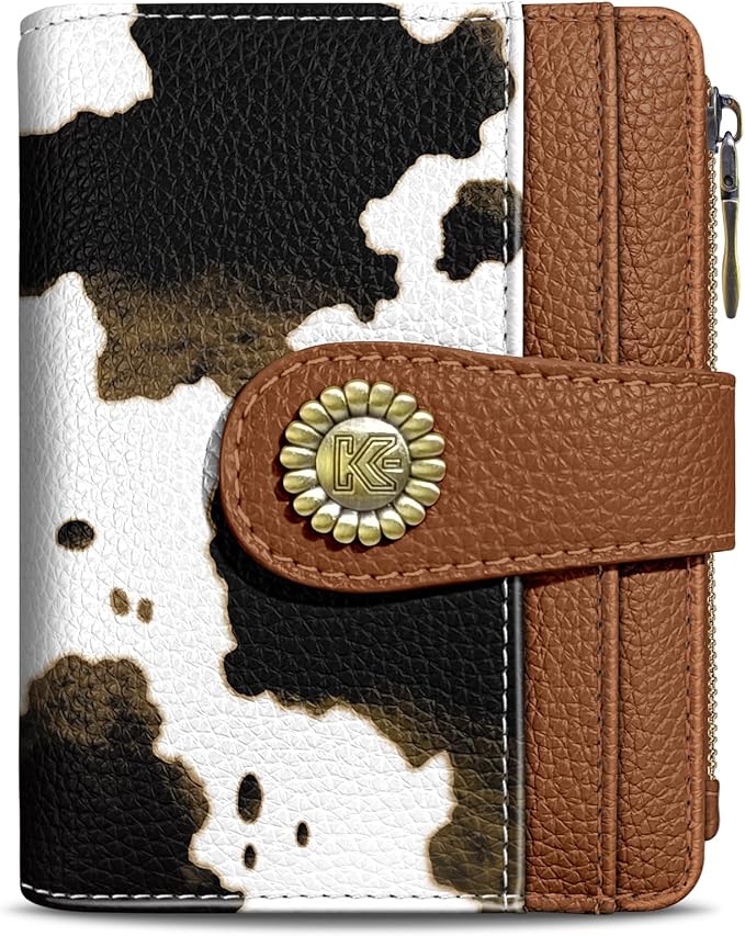Kelvoris Cow Print Brown Small Rfid Women Wallet Bifold Zipper Coin Pocket PU Leather Compact Cash Credit Card Holder Travel Wallet for Female Ladies Teen Girls 1 ID Window 10 Card Slots