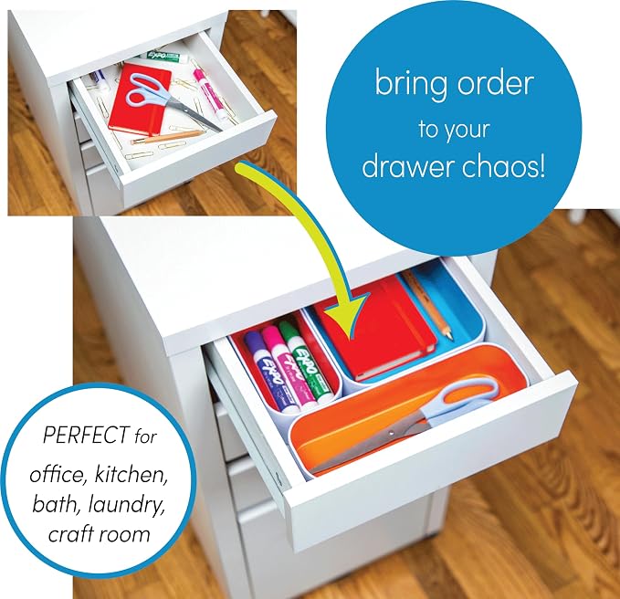 Three by Three Seattle 10 Piece Metal Organizer Tray Set for Storing Makeup, Stationery, Utensils, and More in Office Desk, Kitchen and Bathroom Drawers (1 Inch, Blue Black Red and Dots)