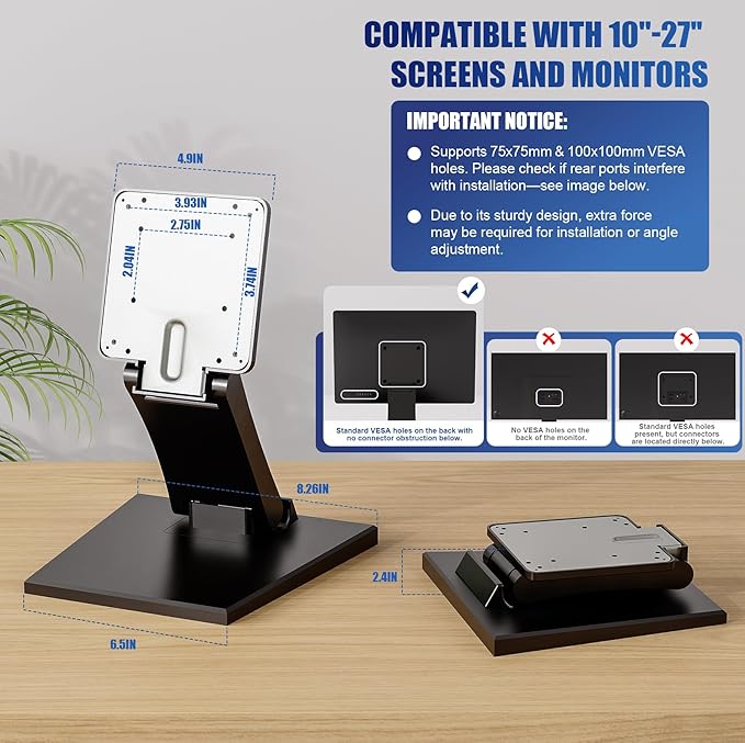 Upgraded Adjustable Folding VESA Stand for 10??4" Screens ??Includes Extension for Recessed VESA, 75x75/100x100mm Compatible, Ideal for Tablets, DJ Gear, POS, Secondary Monitors