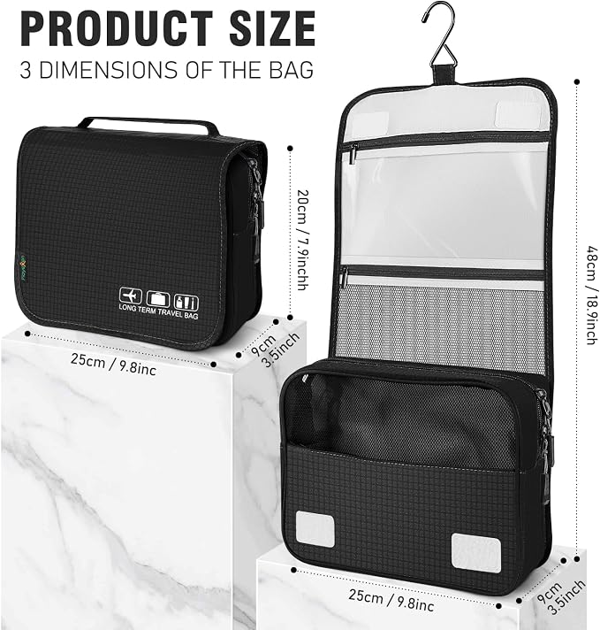 Hanging Travel Toiletry Bag, Portable Travel Cosmetic Organizer Bag for Women Men, Waterproof Toiletries Wash Bag with 4 Compartments & Hanging Hook (Black)