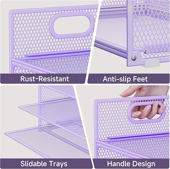 Purple Paper Organizer for Desk with Handle, 6-Tier Metal Mesh File Organizer | Stackable Desktop Organizer for Office Supplies & Stationery Storage