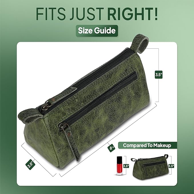 Leather Makeup Bag for Women – Genuine Leather Cosmetic Bag Travel, Handmade Zippered Makeup Pouch, Small Toiletry Bag, Shaving Kit & Stationery Organizer- Forest Green