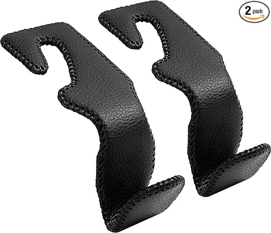Headrest Hooks for Purses and Bags，Vehicle Back Seat Headrest Hanger Matching Cars Interior Genuine Leather Storage Holder Hook, 2 Pack, Black