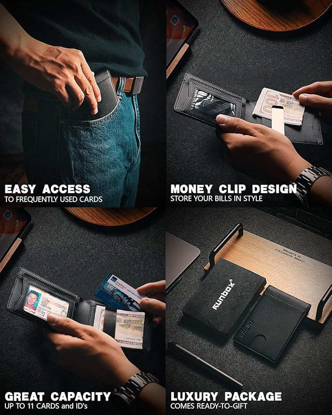 RUNBOX Slim Money Clip Wallets for Men RFID Blocking 11 Card Holder Minimalist Small Leather Bifold Men's Front Pocket Wallet Gift Box