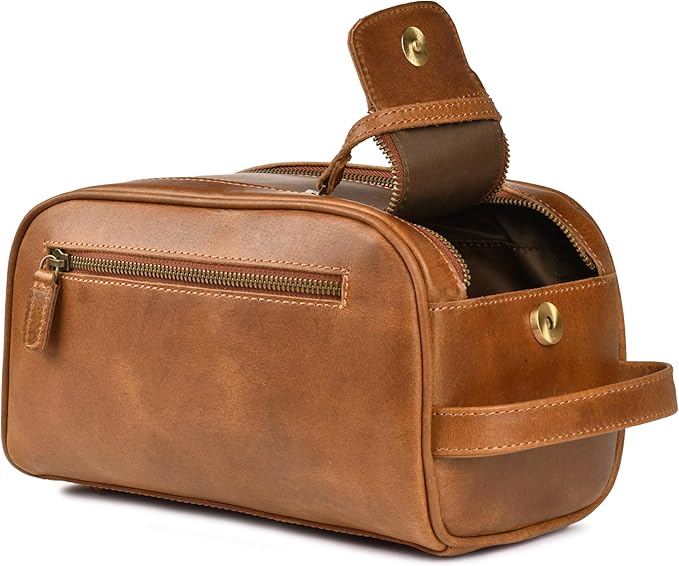 LEATHER VILLAGE Genuine Leather Toiletry Travel Bag With Waterproof Lining - Sun Tan | King-Size Handcrafted Vintage Dopp Kit Bag, Shaving & Bathroom Organizer, Gift for Men & Women