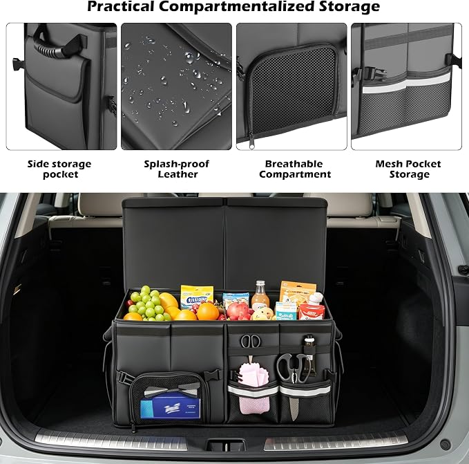 Trunk Organizer Car Organizer Leather Storage Box Foldable Trunk Organizer for SUVs & Sedans Sturdy Car Organization for Car Accessories, Tools, Sundries, Collapsible and Adjustable, 23.6 Inch