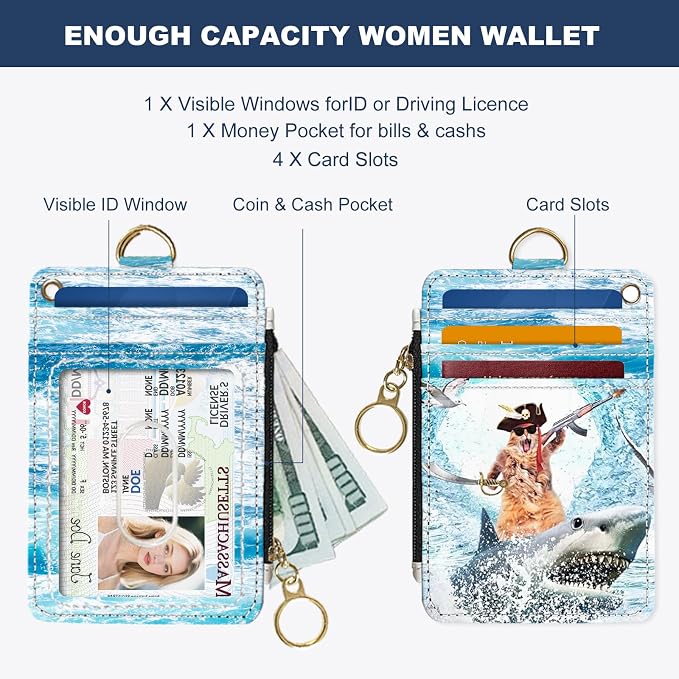 Slim Wallet Credit Card Holder, Sharks and Cats, RFID Wallet Women Cute Small Front Pocket Wallet With Zipper, PU Leather Thin travel RFID Blocking Card Case ID Window,Ladies Gifts