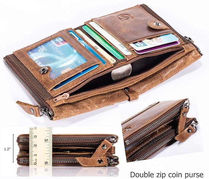 BULLCAPTAIN Genuine Leather Wallet for Men Vintage Bifold with Double Zipper Pockets (Brown)