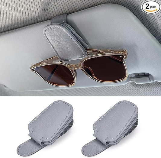Shering Sunglasses Holders for Car Sun Visor, 2pack Magnetic Leather Glasses Eyeglass Hanger Clip for Car, Ticket Business Card Clip Eyeglasses Mount Car Visor Accessories (Grey)