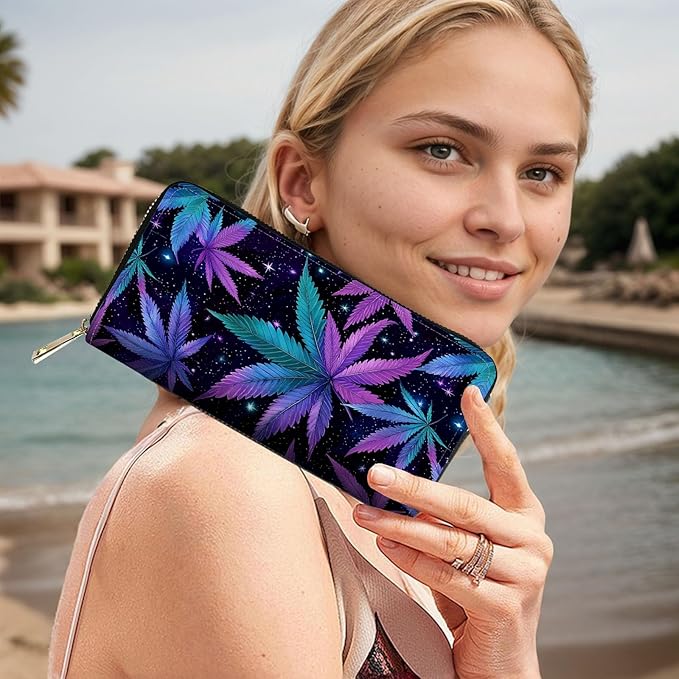 RFID Blocking Leather Wallet for Women – Large Capacity Zip Around Clutch with 8 Card Slots,30 Cash Pockets & Coin Zipper,Weed Leaf Pattern