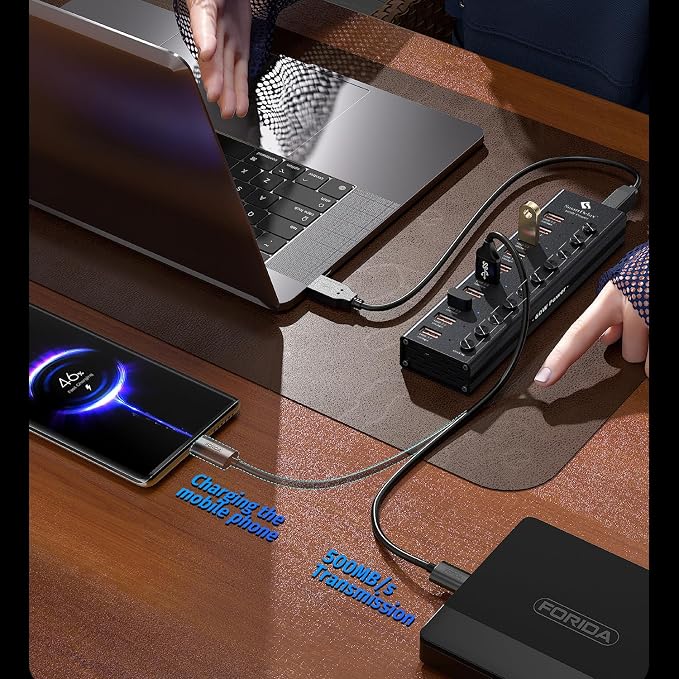 Powered USB 3.2 to Type-A, Type-C Hub, SmartDelux 10Gbps 10 Port Adapter, Individual LED Switches end High-Speed Data Transfer, Power Adapter 60W, USB Extension for Laptop, Flash Drive, PC and More
