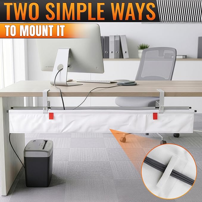 Under Desk Cable Management Tray 48" — No Drill Clamp-On Cord Organizer for Desk with Built-in Ties, Heavy Duty Metal Clamp, Foldable 600D Oxford Fabric for Home Office, WFH & Gaming PC Setup (White)