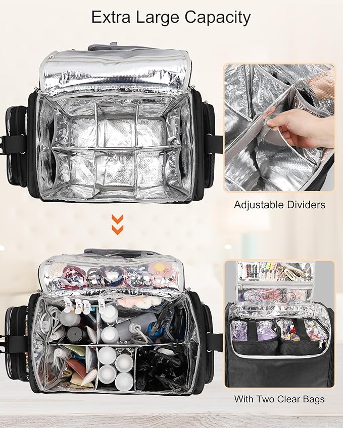 Relavel Rolling Makeup Train Case, Hairstylist Traveling Bag with 4 Wheels, Heat Insulation Full Layer, Adjustable Dividers, Hair Tools and Cosmetics Storage Organizer Trolley Suitcase Makeup Cart