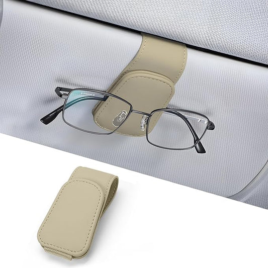 Sunglass Holder for Car, Magnetic Leather Car Sunglass Holder, Visor Sunglasses Holder Clip, Sunglasses Clip for Car Visor, Sunglass Holder for Ticket Card and Different Size Eyeglasses(1 Pack, Beige)