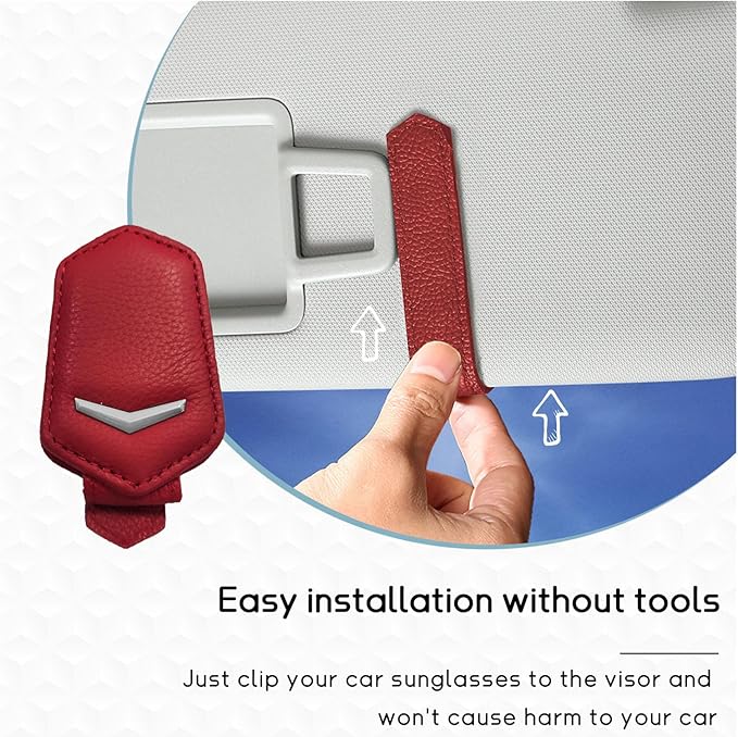 Dickno Sunglasses Holder for Car Sun Visor, Magnetic Leather Glasses Hanger Mounted with Ticket Card Clip, Universal Vehicle Interior Accessories for Different Size Eyeglasses (Red)