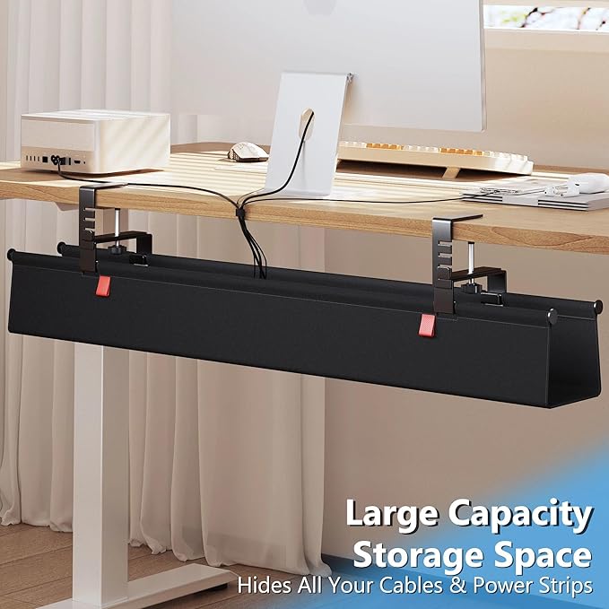 Litwaro Under Desk Cable Management Tray No Drill, 36" Cord Organizer with Clamp for Standing Desk, Premium Fabric Cable Tray with Wire Management for Office Home, Black