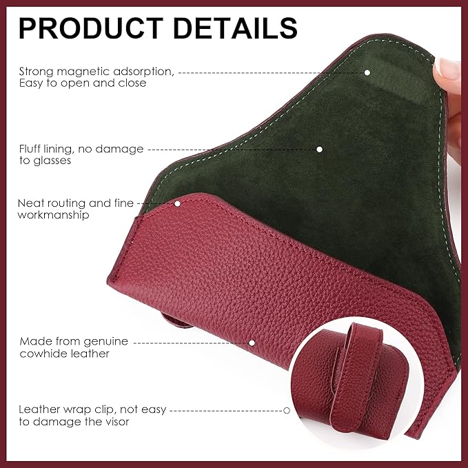 Magnetic Sunglass Holder for Car Visor Clip, Leather Car Glasses Holder, Visor Accessories Eyeglasses Holder Glasses Storage Case (02-Red)