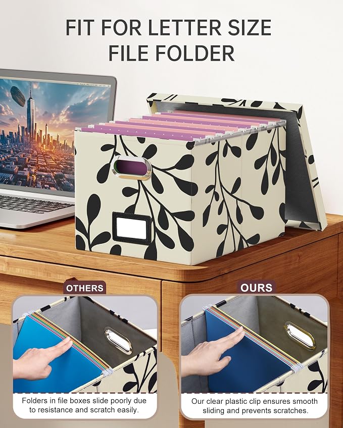 Oterri 2 Pack File Storage Organizer, Document Organizer, Portable File Box with Lid, Fit for Letter/Legal File Folder Storage,Leaf Black/Cream-Box only