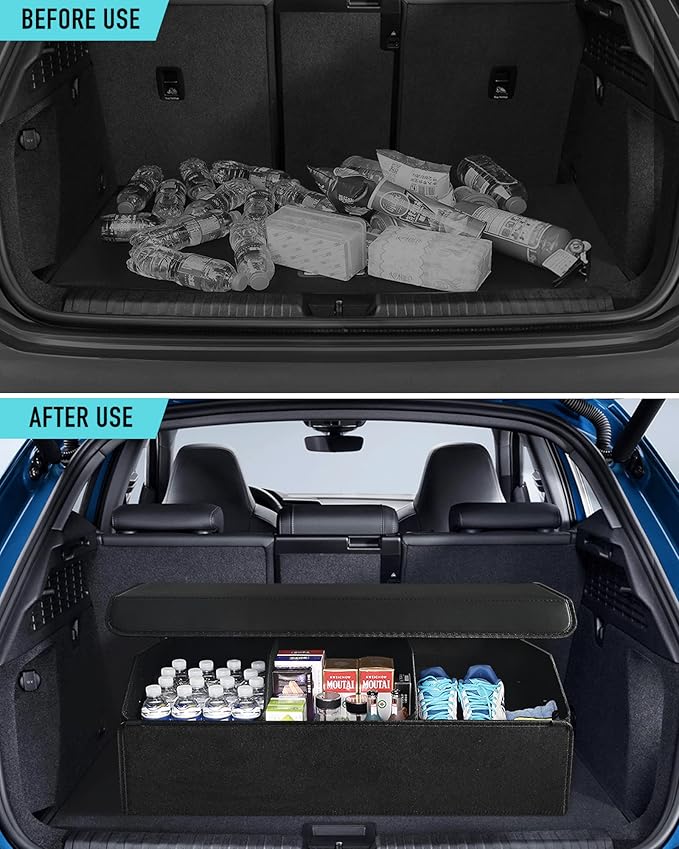 Fyzeoty Car Organizers for Trunk for Suv Sedan, Leather Storage Box,Extra Large,Magnetic Lid,Collapsible and Adjustable, S004, Black