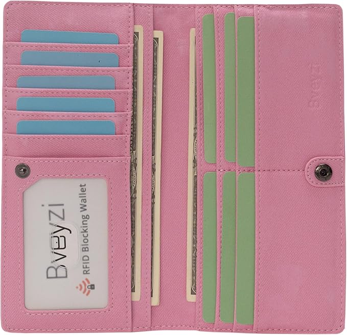 Bveyzi Ultra Slim Thin Leather RFID Blocking Credit Card Holder Bifold Clutch Wallets for Women