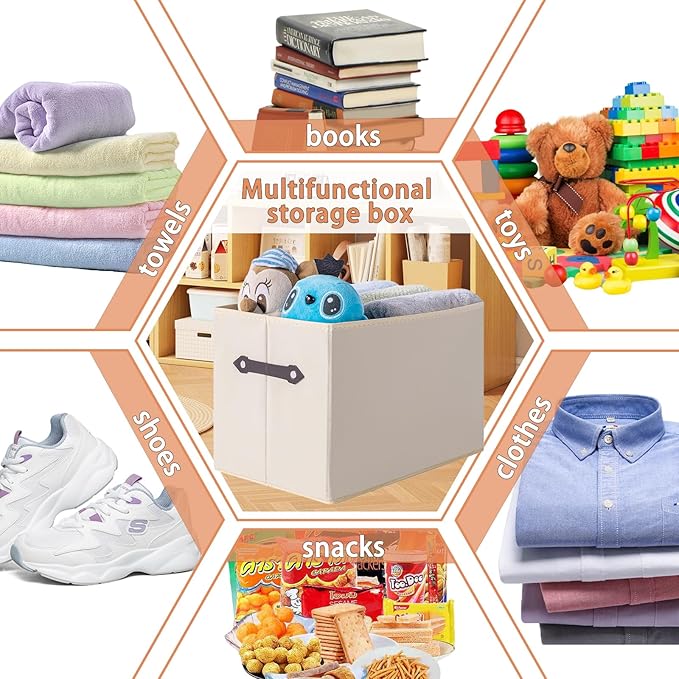 6 Pack Large Collapsible Storage Baskets for Shelves,14.9"x9.5" Fabric Closet storage Boxes with Leather Handles,Decorative Organizers Storage Bins for Clothes,Sheets,Toys,Books,Creamy-White