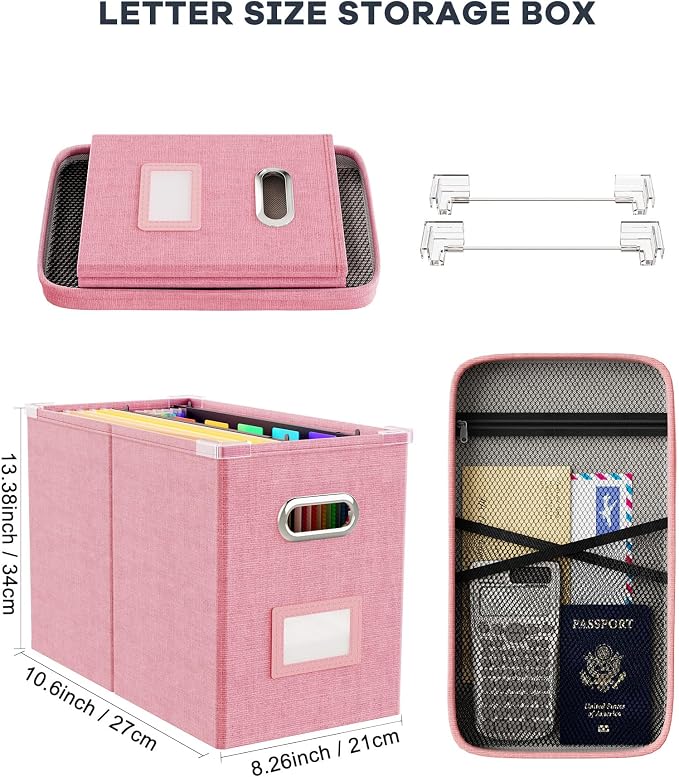 Oterri File Organizer With Lid, Hanging Filing Box With Mesh Pocket, Document Organizer for Letter Files, Portable Storage With Smooth Sliding Rail for Office & Home (2 PCS, Pink)