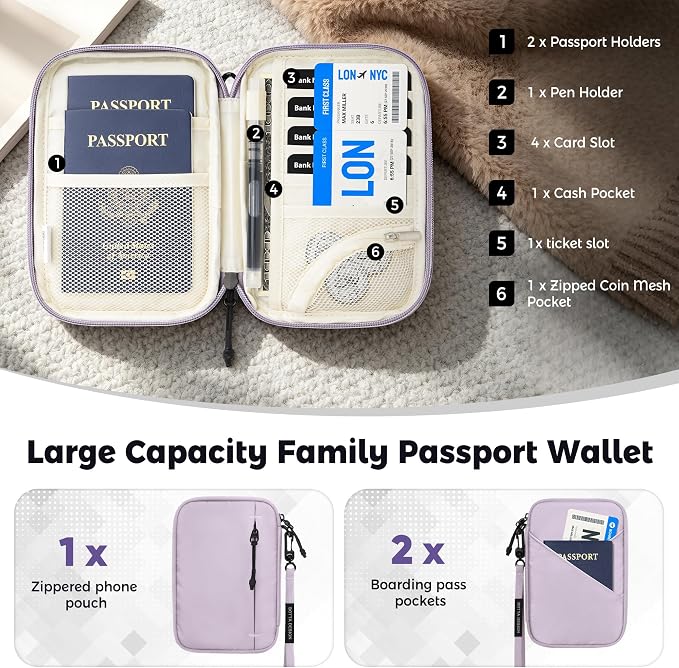 Veki Passport Holder for Travel Women, Family Passport Bag, Travel Document Organizer Case, RFID Blocking Protector Book Wallet for Men, Waterproof Cover Essentials for Credit Cards (Purple, M)