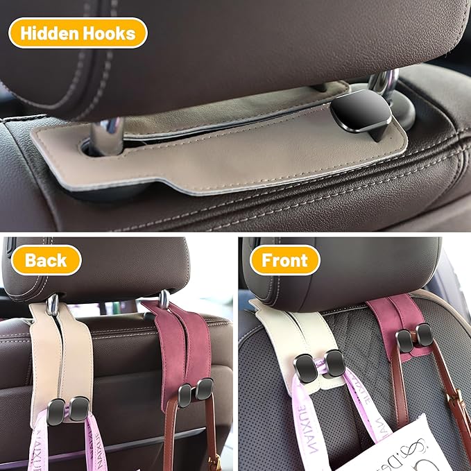 Amelity Car Headrest Hooks, Purse Hook for Vehicle 2 Pack Beige | Universal Car Interior Accessories for Women, Available in 2/4 Pack, Storage Hanger Holds Purses, Backpacks, Grocery Bags