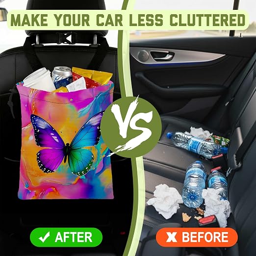 Car Trash Bag Colorful Fluid Butterfly Hanging Drawstring Car Organizer and Storage Bag with Adjustable Buckle Canvas Garbage Bin for Back Seat or Hanging Headrest Car Decor Road Trip Essentials