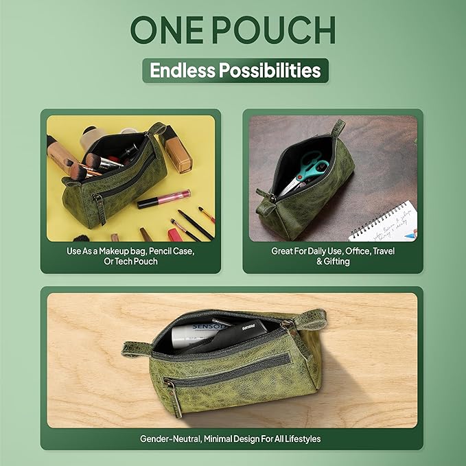 Leather Makeup Bag for Women – Genuine Leather Cosmetic Bag Travel, Handmade Zippered Makeup Pouch, Small Toiletry Bag, Shaving Kit & Stationery Organizer- Forest Green