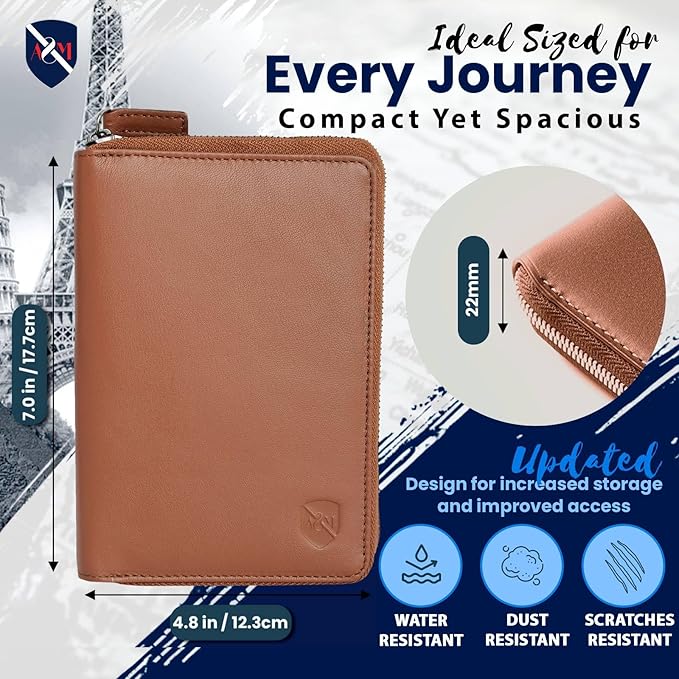 ALLEN & MATE 100% Leather Passport Holder for Travel RFID Blocking Passport Wallet for Men & Women - Zippered Compact Travel Document Organizer Fits Passport, Cash, Cards, SIM, ID and Tickets