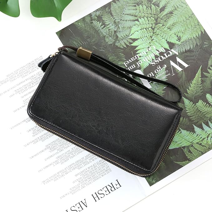 SENDEFN Leather Women Wallet RFID Blocking Zipper Around Phone Holder Clutch Wristlet Large Capacity