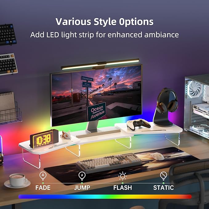 AFOOYO LED Dual Monitor Stand Riser for 2 Monitors,Office Desktop Wooden Stand Adjustable Length and Angle 3 Shelf,Extra Long Multifunctional Stand up to 39.3" for Computer,Laptop,TV,White