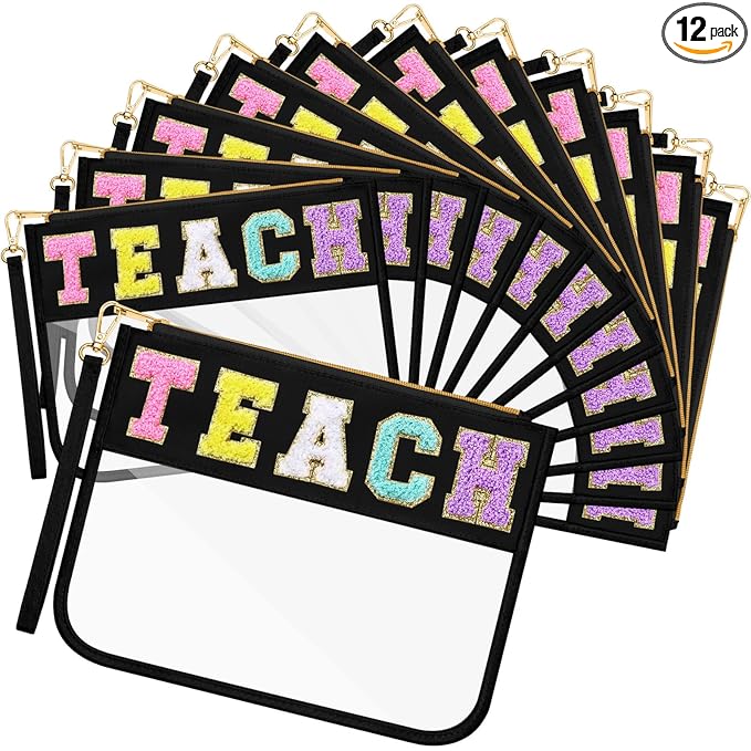 Abbylike 12 Pcs Snack Bags Chenille Letter Teach Zipper Pouch Waterproof PVC Large Bag for Travel Makeup Cosmetic Storage Organizer for Mom Team Cheerleaders Teacher (Black)