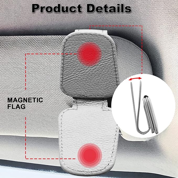 2 Pack Leather Car Visor Sunglass Holder, Magnetic Leather Glasses Eyeglass Hanger Clip for Car, Sunglass Clip Glasses Holder for Car Visor (Gray)