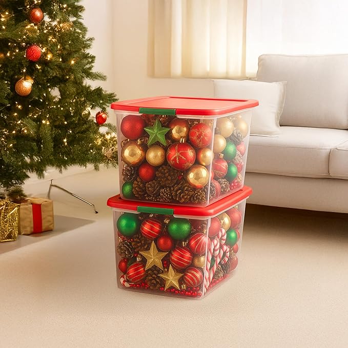 HOMZ 2 Pack Secure Latch, Clear Plastic Storage Organizer Bins, 64 Quart, Red Lid - Stackable Container Boxes for Bedroom, Bathroom, Garage, and Office Organization