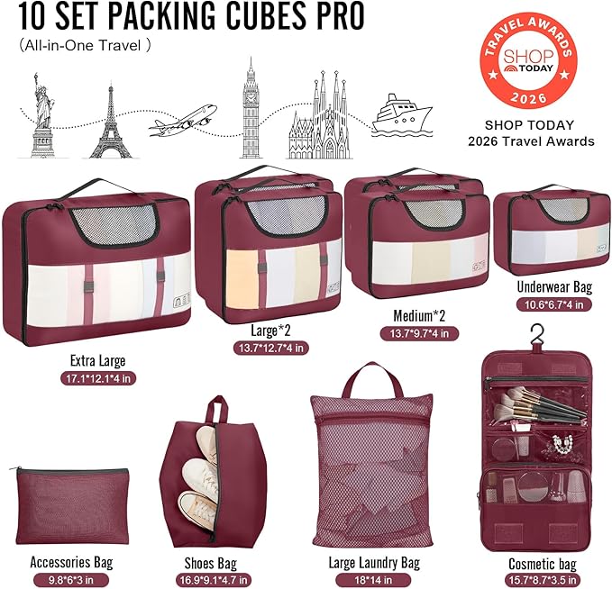 Veken 10 Set Packing Cubes for Travel Essential, Suitcase Organizer Bags in 4 Sizes, Carry-On Luggage Accessories with Large Laundry & Hanging Toiletry Bag, Must-Have for Airplane, Road Trip & Camping