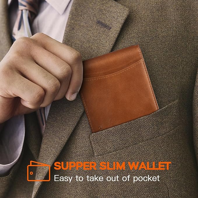 RUNBOX Slim Wallet for Men Genuine Leather RFID Blocking Bifold Minimalist Front Pocket Mens Wallet with Money Clip Thin Gift Box